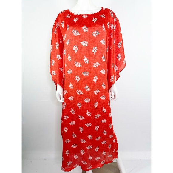 Natori Classics Red Floral Kaftan Maxi Dress Size S Long Sleeve Loose Fit - Picture 1 of 9